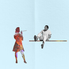 Contemporary art collage. Man looking at female silhouette with impression and admiration. Dreams