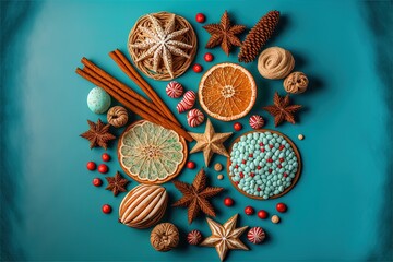 Fototapeta na wymiar christmas background. Group of gingerbreads, cinnamon, orange, toys and cup of hot chocolate on light blue background. Selective focus. Top view. Generative AI