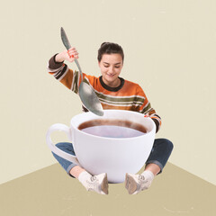 Contemporary art collage. Creative design. Young girl in colorful sweater sitting with giant cup...