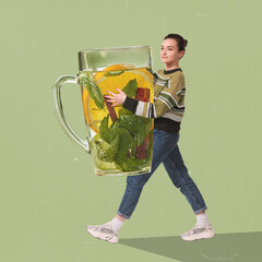 Contemporary art collage. Creative design. Young girl carrying big cup with herbal tea with citrus....