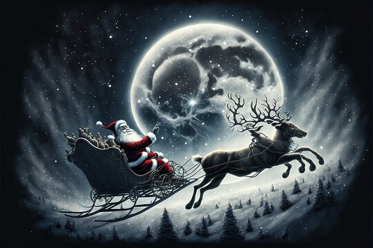 Christmas Night illustration of Santa Claus and his sleigh. Generative AI