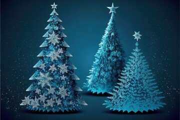 Christmas trees on a blue background with snowflakes. Generative AI