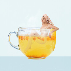 Contemporary art collage. Creative design. Calm young girl with towel on head llying into hot tea...