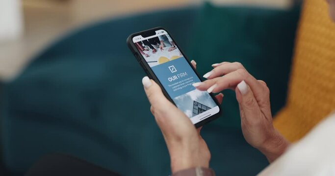 Hands, woman and phone screen for online shopping, reading post or products website. Female, lady and smartphone for target advert, marketing ads or social media for connectivity, chatting or texting