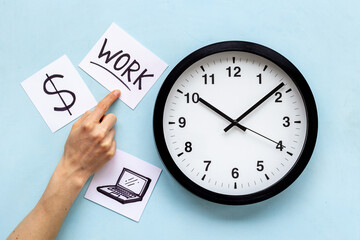 Wall clock and office work signs and icons. Time to work.