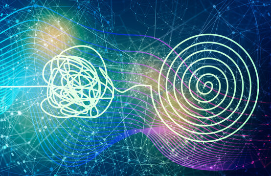 Personal growth and development. Coaching, training, brainstorm illustration. Unraveling tangled tangle. Psychotherapy concept. Metaphor of problem solving, chaos and mess, difficult situation.
