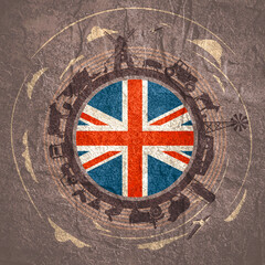 Circle with agricultural icons. Objects located around the circle. Field for text in the center. Background for eco products with flag of United Kingdom.