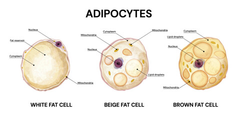 Adipocytes. Types of lipocytes. Fat cells. White fat cell. Brown fat cell. Beige fat cell. Structure. Vector illustration.
