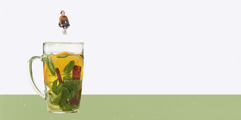 Contemporary art collage. Creative design. Young woman jumping into cup with mint tea with lemons...