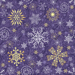 Vector seamless pattern with golden and white snowflakes for christmas design on violet background. Set