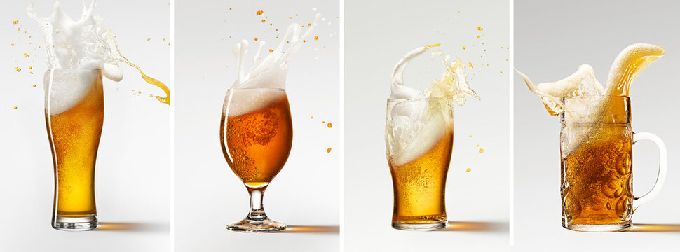 Collage. Mugs with fresh, cool foamy beer over grey background. Splashes and drops
