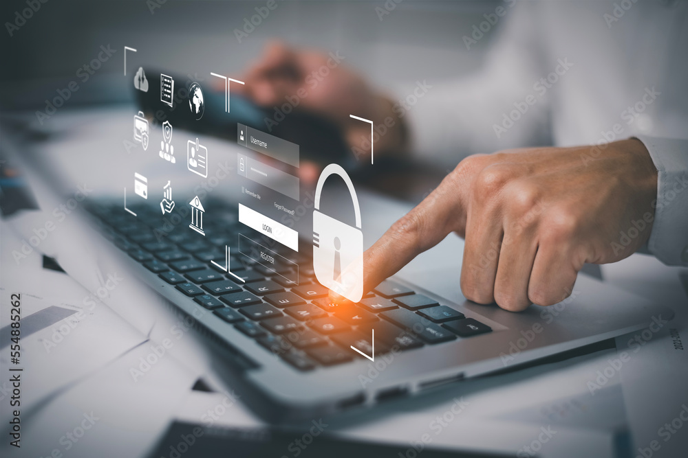 Poster hand using laptop with scan the protection system cyber security, login, user, identification inform