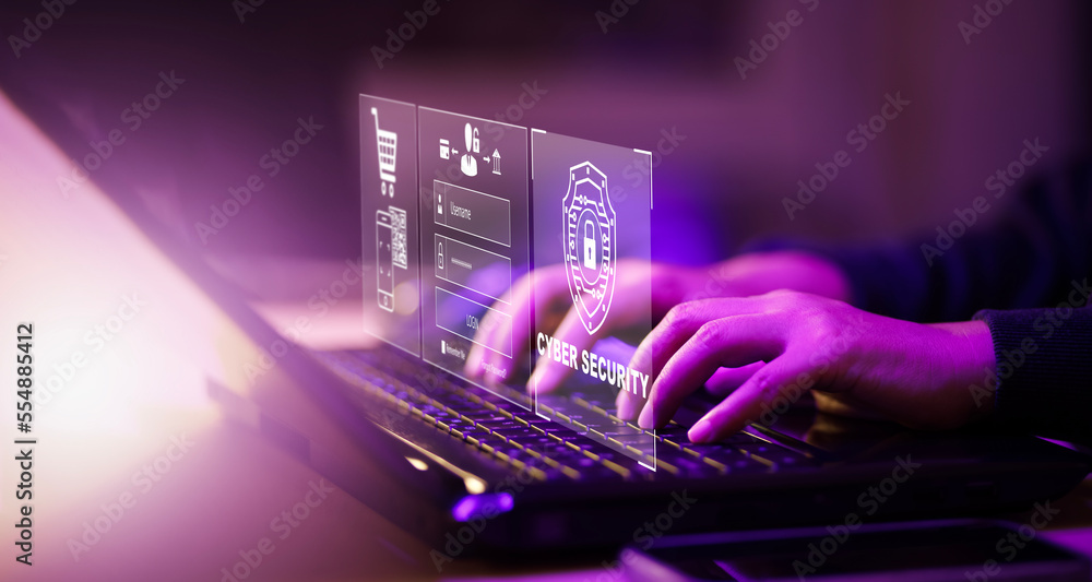 Poster cyber security and security password login online concept hands typing and entering username and pas