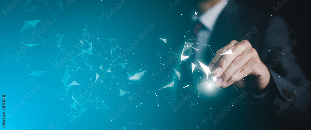 Poster digital transformation and metaverse universe concept, businessman hand touching of digital data net