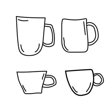 Coffee, tea cups vector doodle clipart, set of elements. Hand drawn cups, mugs. Hot drinks. Dishes. jpg image. jpeg illustration
