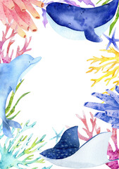 Watercolor sea corals and shells wreath. Underwater frame graphics with whale, dolphin. Marine fish hand-drawn, sea animal. Ocean children girl illustration. Baby shower mermaid clip art