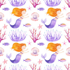 Mermaid princess watercolor illustration. Sea cartoon seamless pattern animal underwater graphics. Marine fish hand-drawn, sea animal. Ocean children girl illustration. Baby shower mermaid clip art