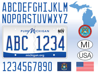 Michigan car license plate, United States of America, letters, numbers and symbols vector illustration