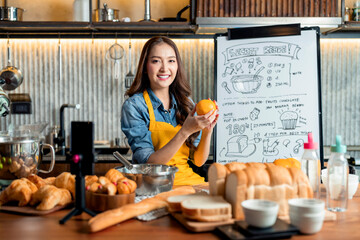 Asian Female Chef teach bread Ingredients, Teaches to bake bread. Online Video Class, Streaming...