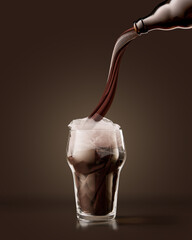 Imitation of stream of dark stout pours into beer glass over dark chocolate color background. Concept of creativity, imagination, Oktoberfest, ad