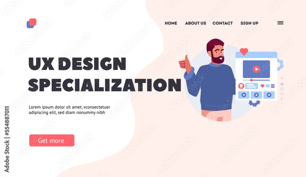 Poster ux design specialization landing page template. ui designer male character develop website interface