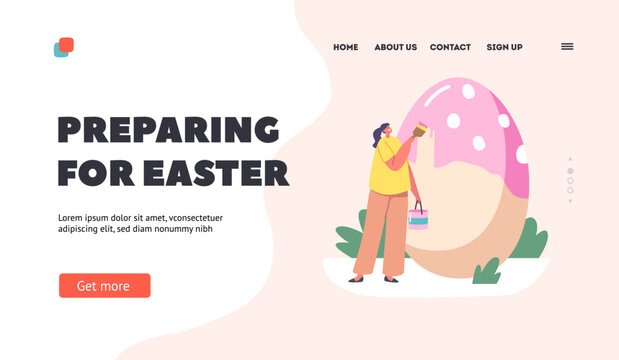 Happy Woman Preparing for Easter Landing Page Template. Spring Holiday Celebration. Tiny Female Character Decorate Egg