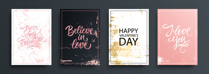 Valentines Day romantic cards set. February 14, Happy Valentine's Day holiday lettering greetings with grunge textures collection. Vector Illustration.