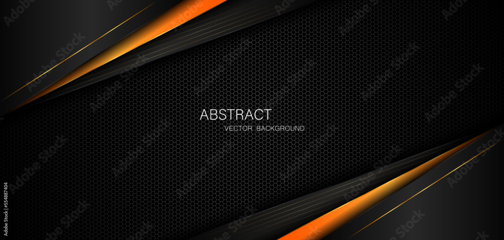 Poster dark steel mesh abstract background with black and orange polygon shapes, free space for design. mod