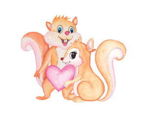 Watercolor Valentine’s Day cute couple squirrel clipart, valentine animal illustration for t-shirts, greetings and others
