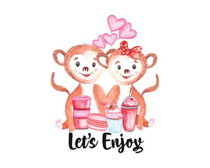 Watercolor Valentine’s Day cute couple monkey clipart, valentine animal illustration for t-shirts, greetings and others