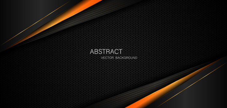 Dark steel mesh abstract background with black and orange polygon shapes, free space for design. modern technology innovation concept background
