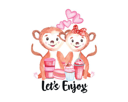 Watercolor Valentine’s Day cute couple monkey clipart, valentine animal illustration for t-shirts, greetings and others