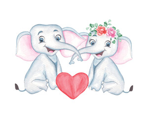 Watercolor Valentine’s Day cute couple elephant clipart, valentine animal illustration for t-shirts, greetings and others