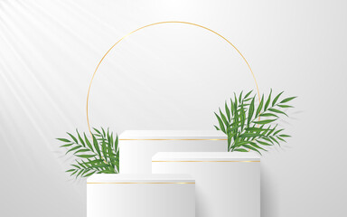 Multilayer white podium with green leaf on the back for product presentation. Cosmetic product display. vector illustration
