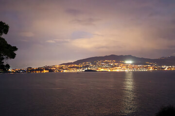 Fototapeta premium Baiona, Spain - December 05, 2022: views of the boats moored in the port of Baiona, Galicia, Spain