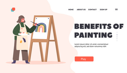 Artist Studio for Kids Landing Page Template. Little Girl Painting Rainbow with Paints on Easel. Child Character Drawing