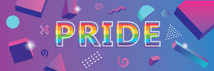 Pride day horizontal banner with 1980's retrowave abstract background design. Colorful Rainbow LGBT rights campaign. Happy Pride day. Memphis shapes. Lesbians, gays, bisexuals, transgenders, queer.