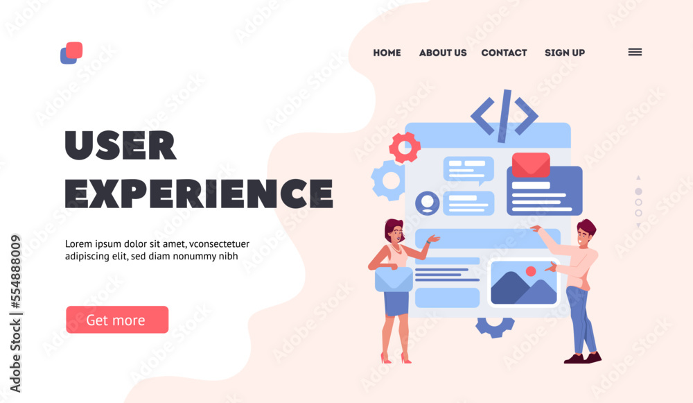 Poster user experience landing page template. ui ux designer characters working on website or application w