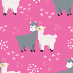 Valentines seamless pattern with alpacas. Cute Valentines day background, wallpaper, wrapping. Vector invitation. 