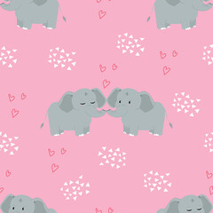 Elephants in love seamless pattern. Pink background for Valentines day. Vector illustration