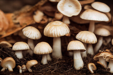 wild forest mushrooms grow on forest litter, geterative AI