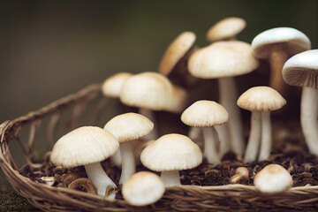 wild forest mushrooms grow on forest litter, geterative AI
