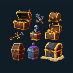 Game reward rare treasure chests Isolated on background. Cartoon flat vector illustration - obrazy, fototapety, plakaty