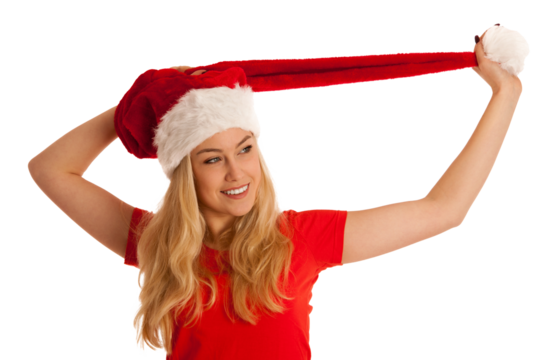 Cute blonde woman with santa hat siolated without background PNG