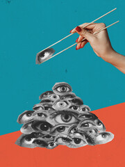 Contemporary art collage. Conceptual image. Female hand holding human eye with chopstick. Not caring about social opinion