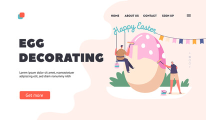 Egg Decorating Landing Page Template. Man and Woman Painting for Easter Holiday Celebration. Characters Decorate Egg