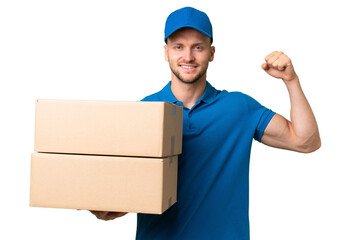 Delivery caucasian man over isolated background doing strong gesture
