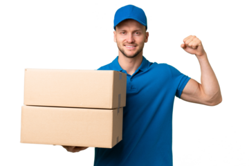 Delivery caucasian man over isolated background doing strong gesture