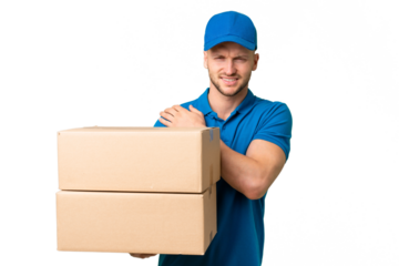 Delivery caucasian man over isolated background suffering from pain in shoulder for having made an effort