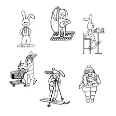Daily routine with illustrations of a hare. Vector set of funny rabbit images.